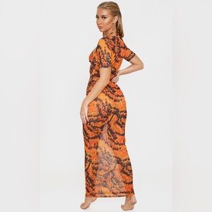NWT PrettyLittleThing Orange Feather Short Sleeve Scoop Mesh Maxi Beach Dress